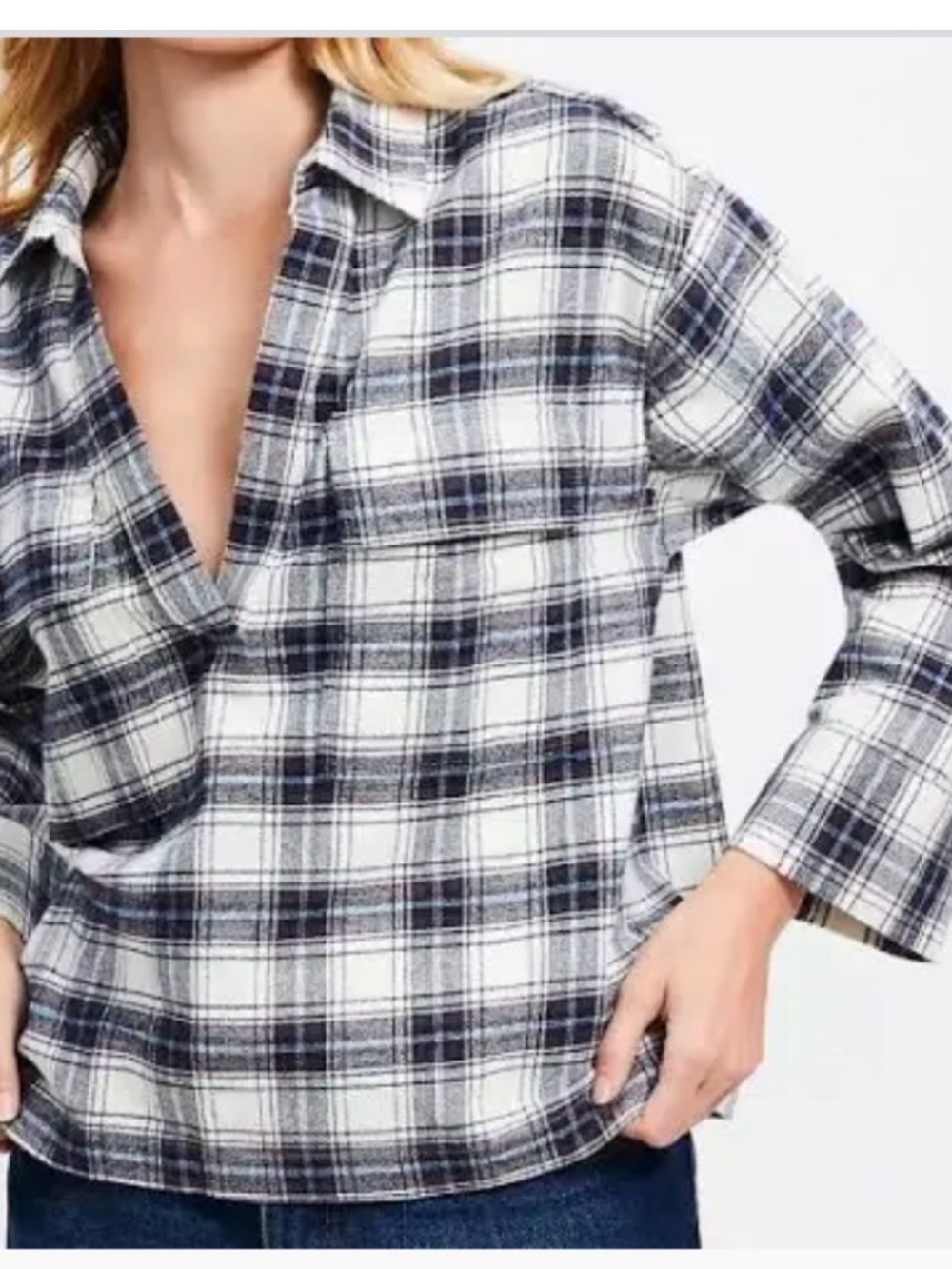New Loft S plaid 100% cotton boxy V neck collared popover cozy fleece cabincore